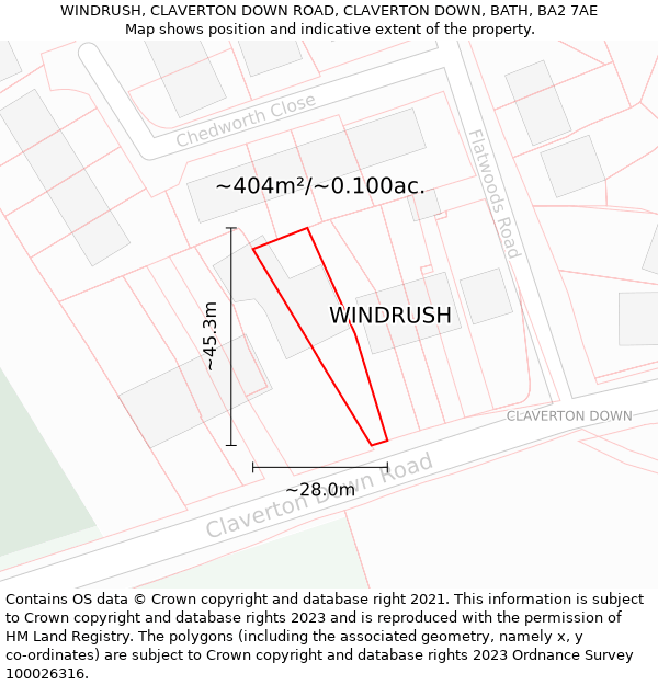 WINDRUSH, CLAVERTON DOWN ROAD, CLAVERTON DOWN, BATH, BA2 7AE: Plot and title map