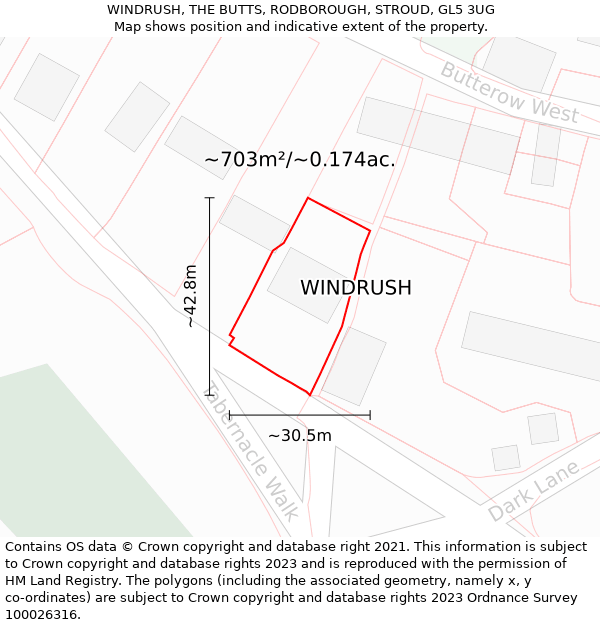 WINDRUSH, THE BUTTS, RODBOROUGH, STROUD, GL5 3UG: Plot and title map