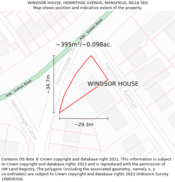 WINDSOR HOUSE, HERMITAGE AVENUE, MANSFIELD, NG18 5EG: Plot and title map