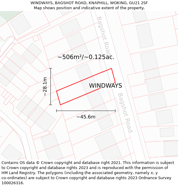 WINDWAYS, BAGSHOT ROAD, KNAPHILL, WOKING, GU21 2SF: Plot and title map