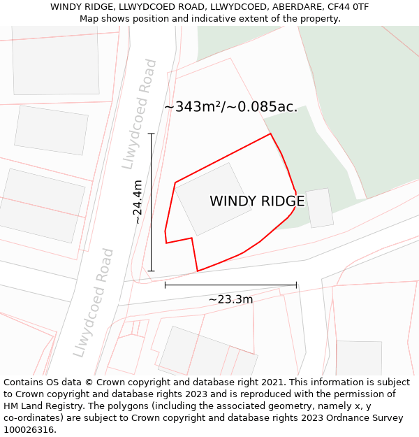 WINDY RIDGE, LLWYDCOED ROAD, LLWYDCOED, ABERDARE, CF44 0TF: Plot and title map