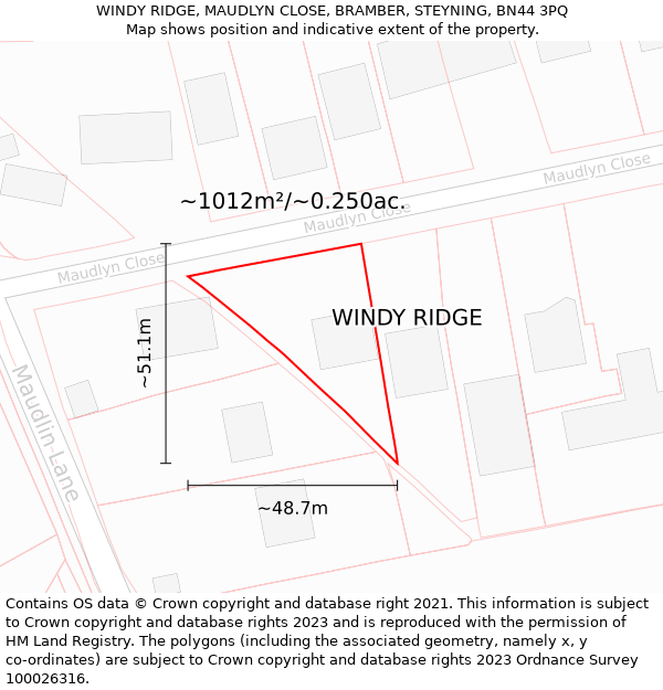 WINDY RIDGE, MAUDLYN CLOSE, BRAMBER, STEYNING, BN44 3PQ: Plot and title map