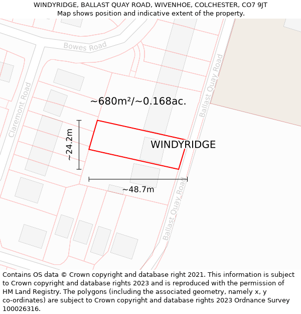 WINDYRIDGE, BALLAST QUAY ROAD, WIVENHOE, COLCHESTER, CO7 9JT: Plot and title map