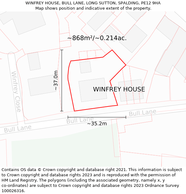 WINFREY HOUSE, BULL LANE, LONG SUTTON, SPALDING, PE12 9HA: Plot and title map
