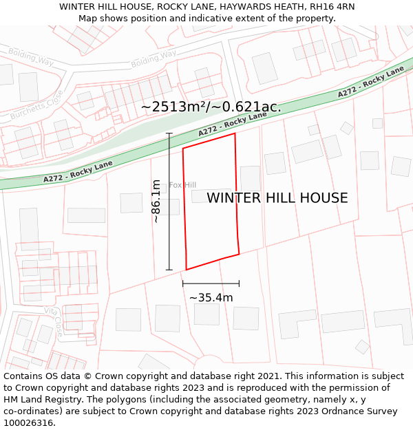 WINTER HILL HOUSE, ROCKY LANE, HAYWARDS HEATH, RH16 4RN: Plot and title map