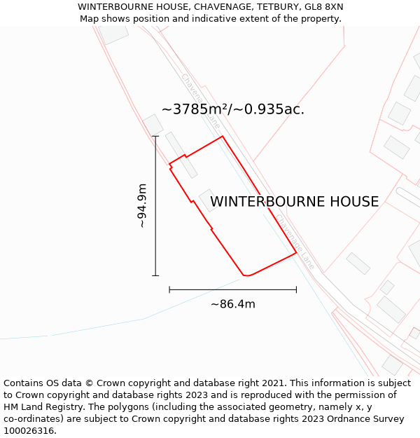 WINTERBOURNE HOUSE, CHAVENAGE, TETBURY, GL8 8XN: Plot and title map