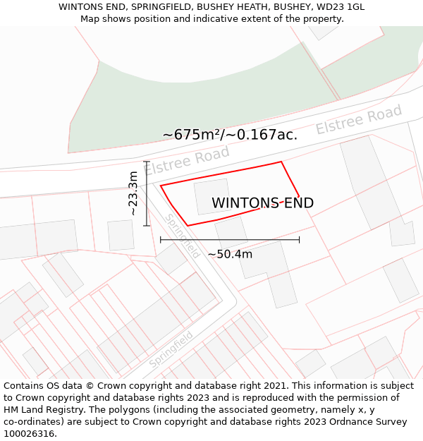WINTONS END, SPRINGFIELD, BUSHEY HEATH, BUSHEY, WD23 1GL: Plot and title map