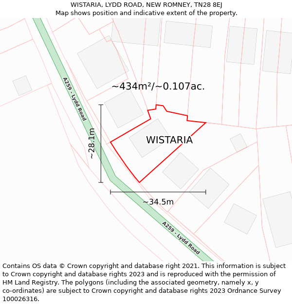 WISTARIA, LYDD ROAD, NEW ROMNEY, TN28 8EJ: Plot and title map