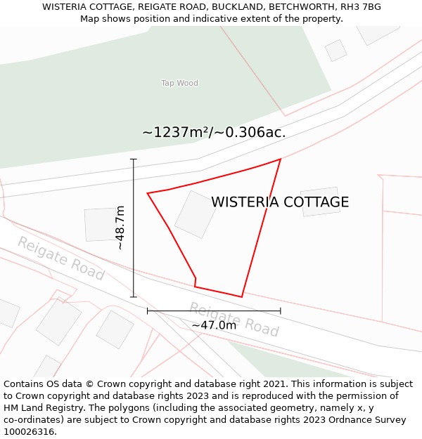 WISTERIA COTTAGE, REIGATE ROAD, BUCKLAND, BETCHWORTH, RH3 7BG: Plot and title map