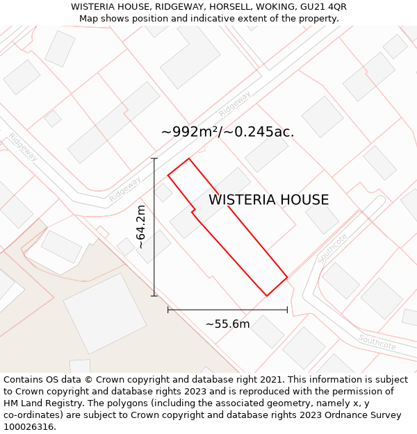 WISTERIA HOUSE, RIDGEWAY, HORSELL, WOKING, GU21 4QR: Plot and title map