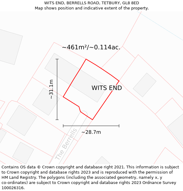 WITS END, BERRELLS ROAD, TETBURY, GL8 8ED: Plot and title map