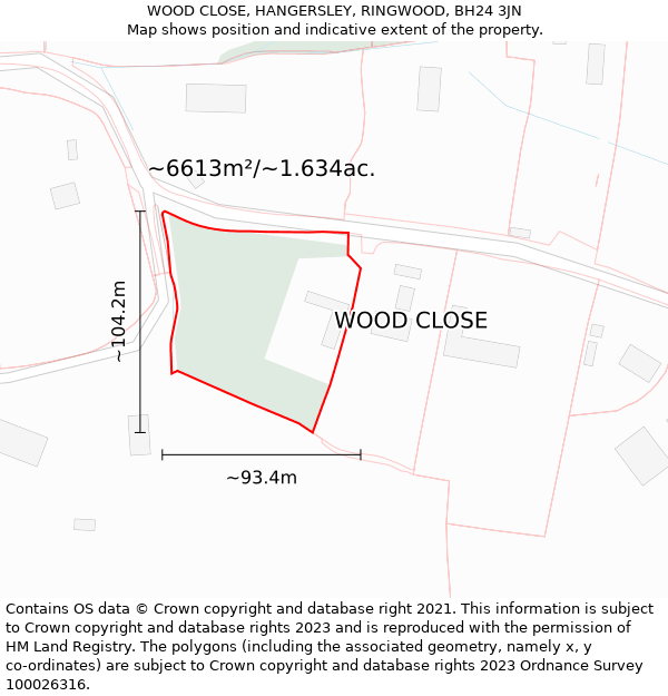 WOOD CLOSE, HANGERSLEY, RINGWOOD, BH24 3JN: Plot and title map