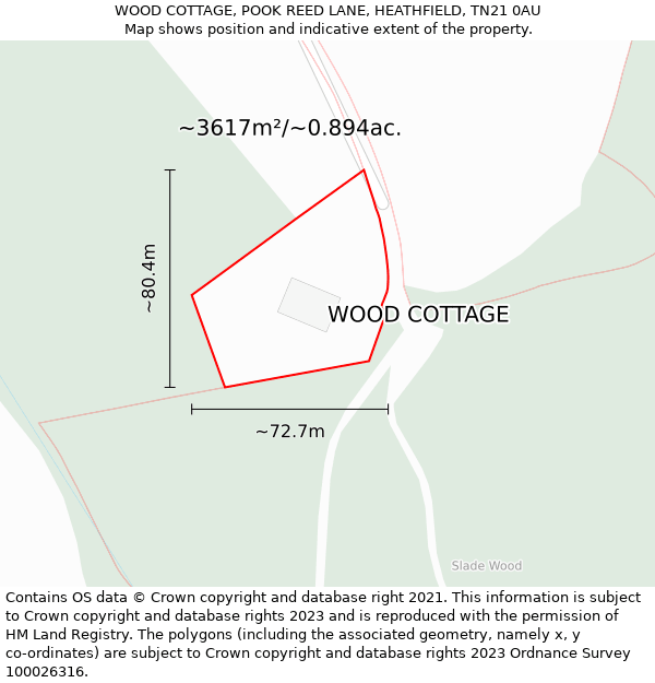 WOOD COTTAGE, POOK REED LANE, HEATHFIELD, TN21 0AU: Plot and title map