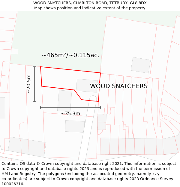 WOOD SNATCHERS, CHARLTON ROAD, TETBURY, GL8 8DX: Plot and title map