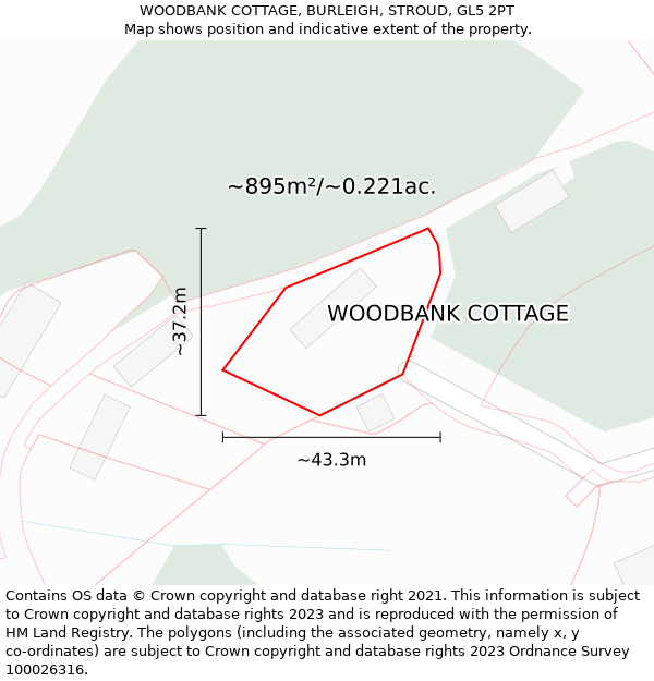 WOODBANK COTTAGE, BURLEIGH, STROUD, GL5 2PT: Plot and title map