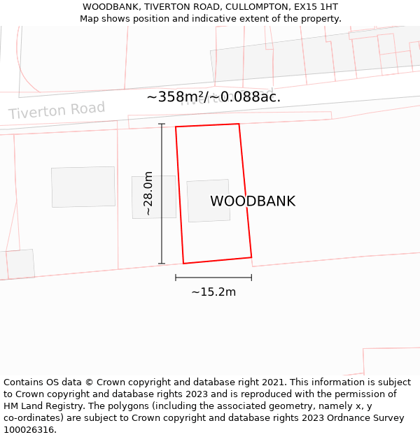 WOODBANK, TIVERTON ROAD, CULLOMPTON, EX15 1HT: Plot and title map