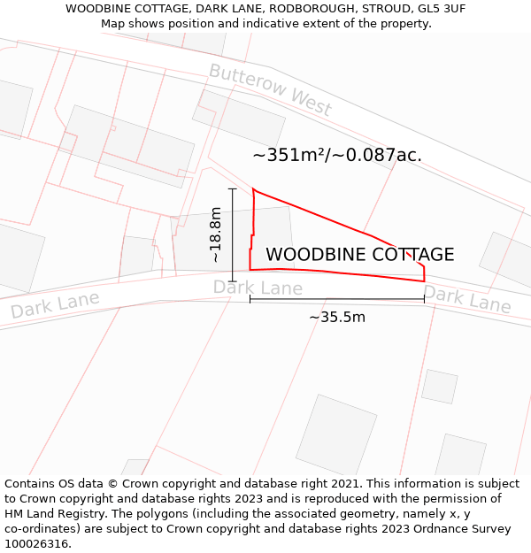 WOODBINE COTTAGE, DARK LANE, RODBOROUGH, STROUD, GL5 3UF: Plot and title map