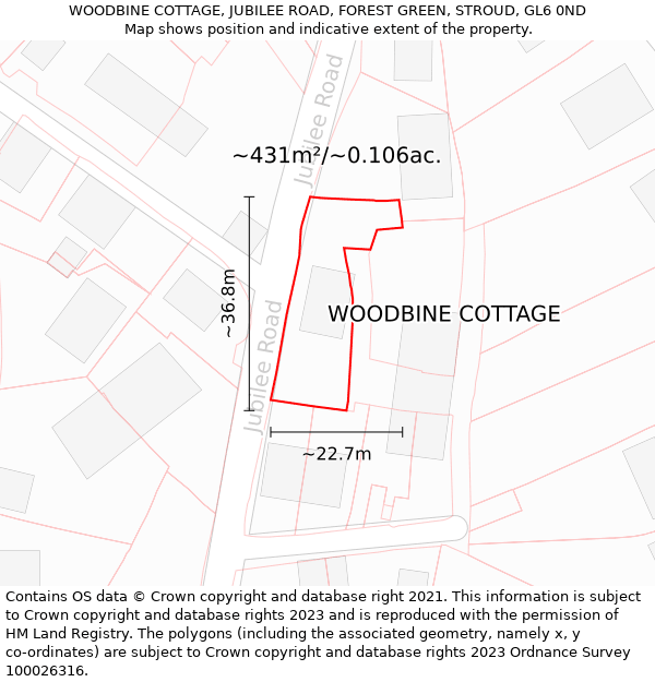 WOODBINE COTTAGE, JUBILEE ROAD, FOREST GREEN, STROUD, GL6 0ND: Plot and title map