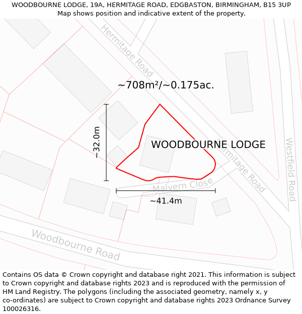 WOODBOURNE LODGE, 19A, HERMITAGE ROAD, EDGBASTON, BIRMINGHAM, B15 3UP: Plot and title map