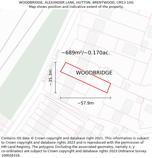 WOODBRIDGE, ALEXANDER LANE, HUTTON, BRENTWOOD, CM13 1AG: Plot and title map
