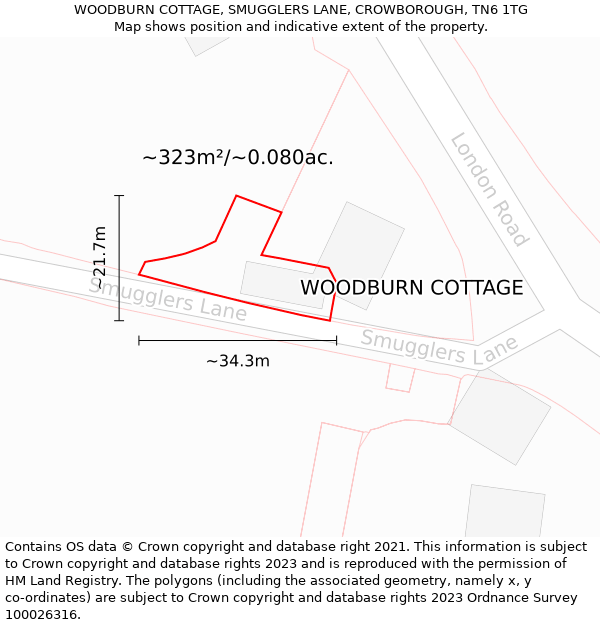 WOODBURN COTTAGE, SMUGGLERS LANE, CROWBOROUGH, TN6 1TG: Plot and title map