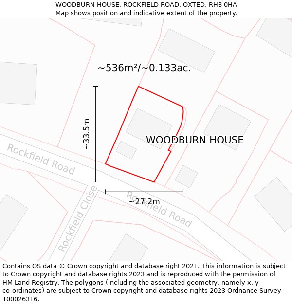 WOODBURN HOUSE, ROCKFIELD ROAD, OXTED, RH8 0HA: Plot and title map