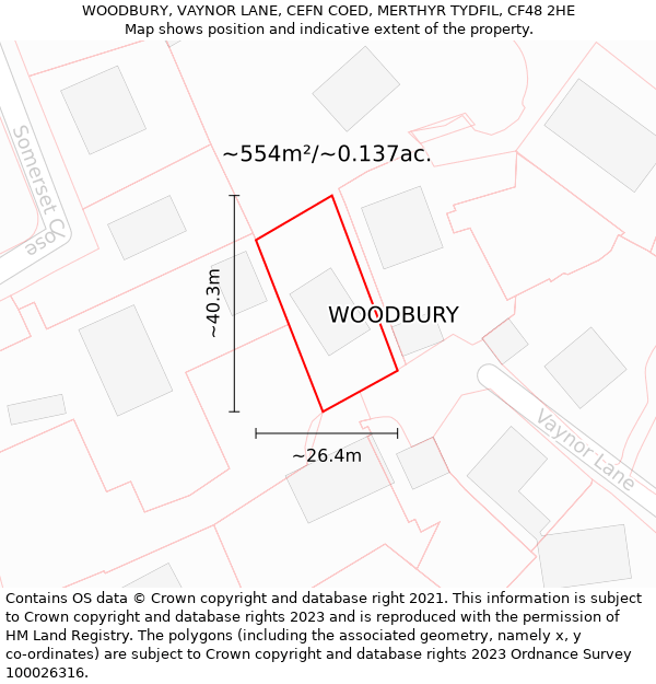 WOODBURY, VAYNOR LANE, CEFN COED, MERTHYR TYDFIL, CF48 2HE: Plot and title map