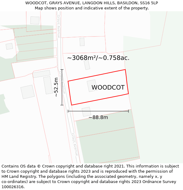 WOODCOT, GRAYS AVENUE, LANGDON HILLS, BASILDON, SS16 5LP: Plot and title map