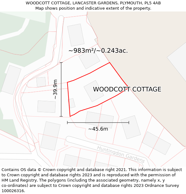 WOODCOTT COTTAGE, LANCASTER GARDENS, PLYMOUTH, PL5 4AB: Plot and title map