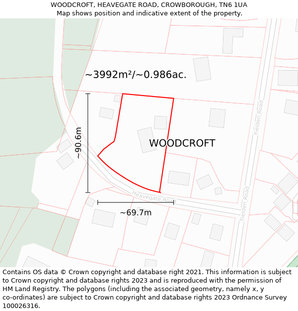 WOODCROFT, HEAVEGATE ROAD, CROWBOROUGH, TN6 1UA: Plot and title map