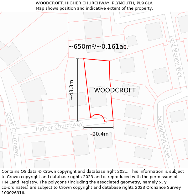 WOODCROFT, HIGHER CHURCHWAY, PLYMOUTH, PL9 8LA: Plot and title map