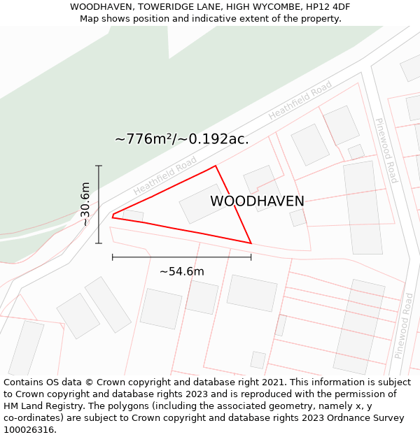 WOODHAVEN, TOWERIDGE LANE, HIGH WYCOMBE, HP12 4DF: Plot and title map