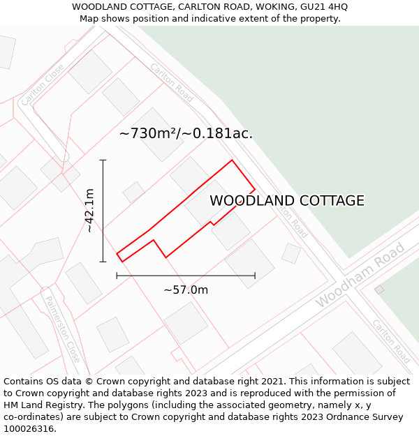 WOODLAND COTTAGE, CARLTON ROAD, WOKING, GU21 4HQ: Plot and title map