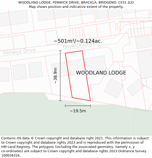 WOODLAND LODGE, FENWICK DRIVE, BRACKLA, BRIDGEND, CF31 2LD: Plot and title map