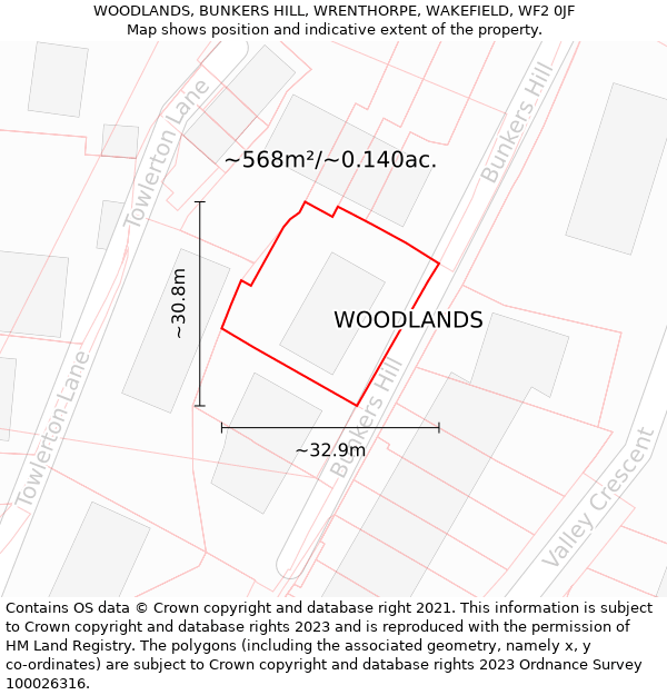 WOODLANDS, BUNKERS HILL, WRENTHORPE, WAKEFIELD, WF2 0JF: Plot and title map