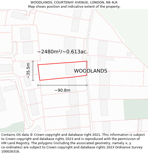 WOODLANDS, COURTENAY AVENUE, LONDON, N6 4LR: Plot and title map
