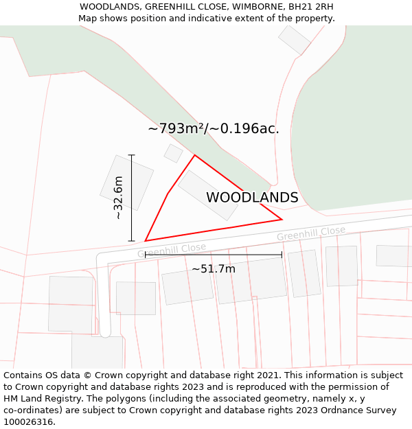 WOODLANDS, GREENHILL CLOSE, WIMBORNE, BH21 2RH: Plot and title map