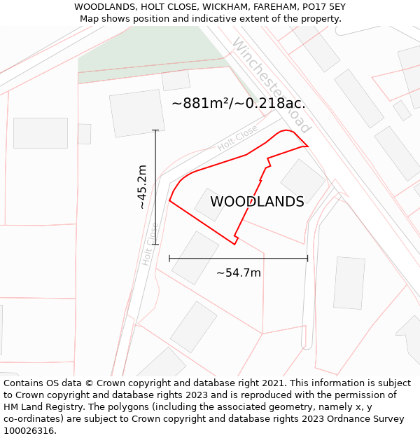 WOODLANDS, HOLT CLOSE, WICKHAM, FAREHAM, PO17 5EY: Plot and title map