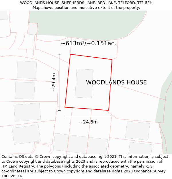 WOODLANDS HOUSE, SHEPHERDS LANE, RED LAKE, TELFORD, TF1 5EH: Plot and title map