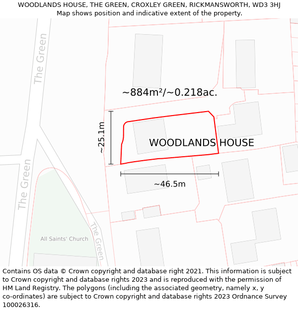 WOODLANDS HOUSE, THE GREEN, CROXLEY GREEN, RICKMANSWORTH, WD3 3HJ: Plot and title map