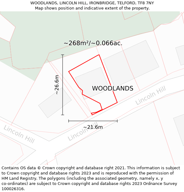 WOODLANDS, LINCOLN HILL, IRONBRIDGE, TELFORD, TF8 7NY: Plot and title map
