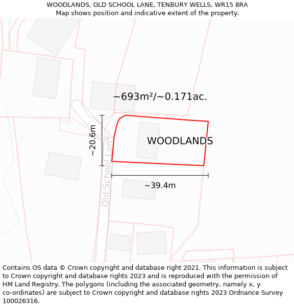 WOODLANDS, OLD SCHOOL LANE, TENBURY WELLS, WR15 8RA: Plot and title map