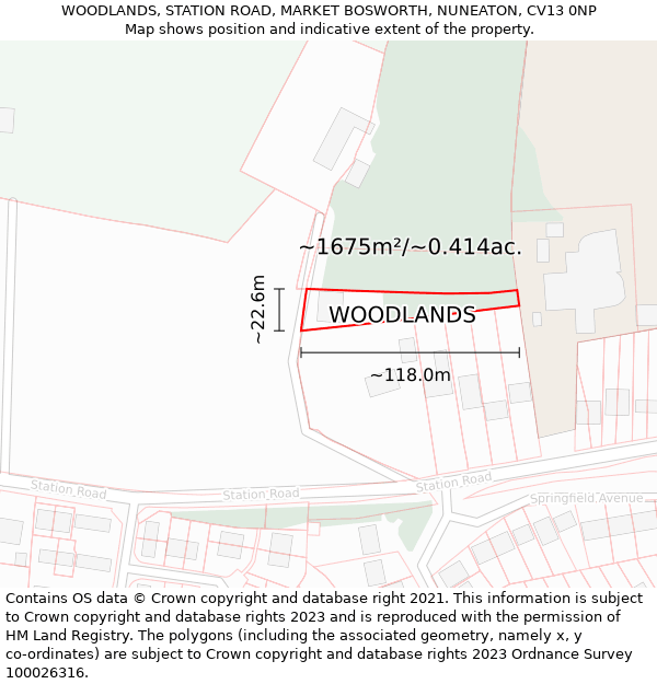 WOODLANDS, STATION ROAD, MARKET BOSWORTH, NUNEATON, CV13 0NP: Plot and title map