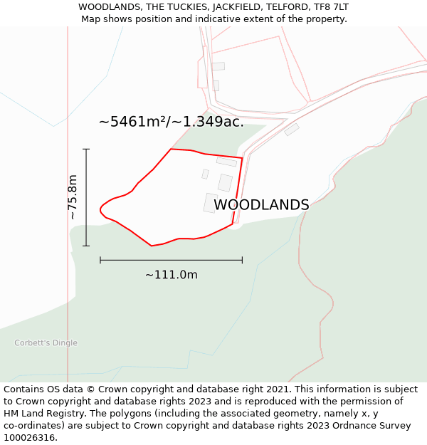 WOODLANDS, THE TUCKIES, JACKFIELD, TELFORD, TF8 7LT: Plot and title map