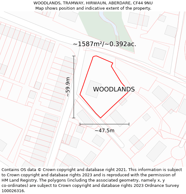 WOODLANDS, TRAMWAY, HIRWAUN, ABERDARE, CF44 9NU: Plot and title map