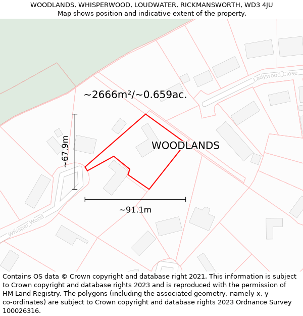 WOODLANDS, WHISPERWOOD, LOUDWATER, RICKMANSWORTH, WD3 4JU: Plot and title map