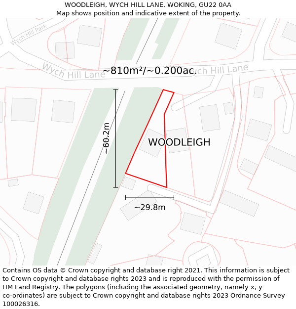 WOODLEIGH, WYCH HILL LANE, WOKING, GU22 0AA: Plot and title map