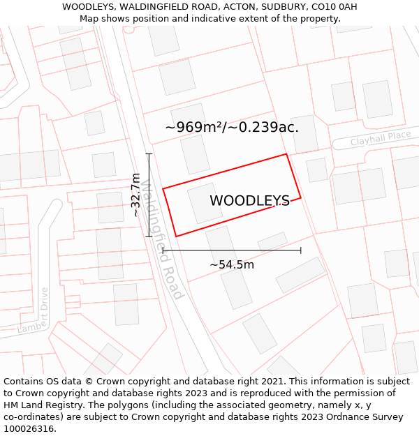 WOODLEYS, WALDINGFIELD ROAD, ACTON, SUDBURY, CO10 0AH: Plot and title map