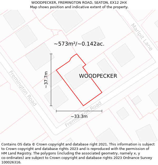 WOODPECKER, FREMINGTON ROAD, SEATON, EX12 2HX: Plot and title map