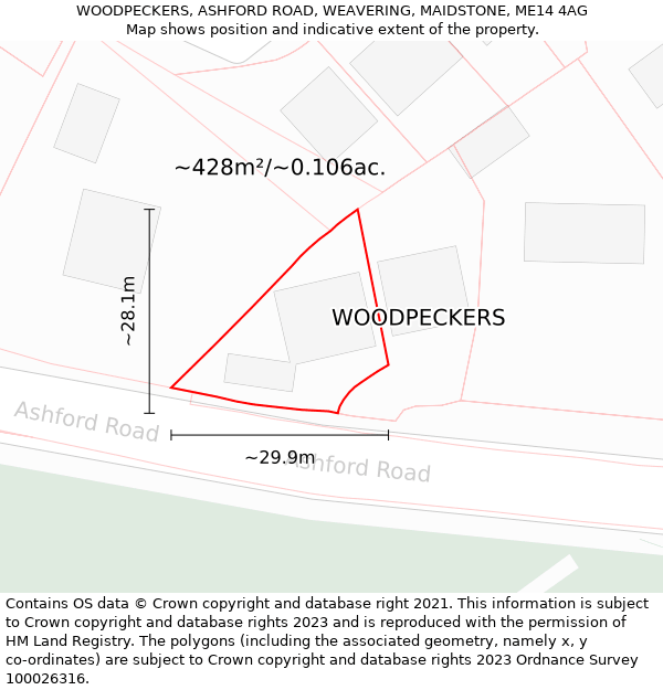 WOODPECKERS, ASHFORD ROAD, WEAVERING, MAIDSTONE, ME14 4AG: Plot and title map